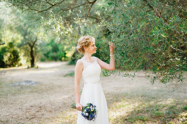 Een tedere bruid met een boeket blauwe bloemen staat bij een olijfboom en raakt de takken mee
