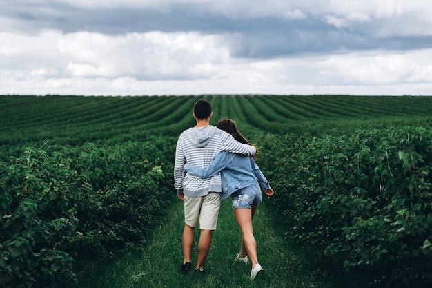 Een tedere liefdevolle paar wandelen in een veld van bes. Achteraanzicht van vrouw met lang haar leidt een man, met zijn hand