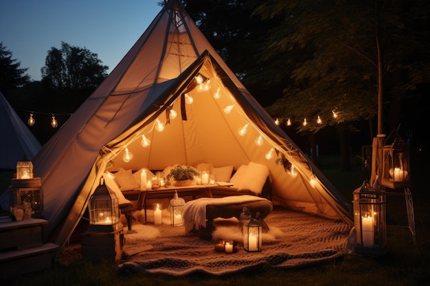 een teepee tent gevuld met kaarsen wordt opgezet in de nacht