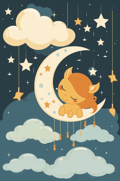 een tekenfilm leeuw die op de maan slaapt met sterren en wolken