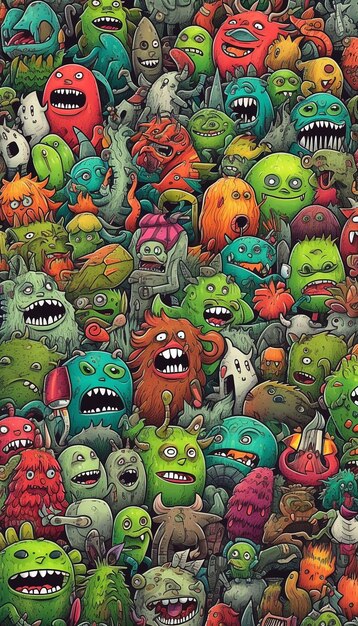 Foto een tekenfilm met veel monsters en een ervan heeft veel gezichten.