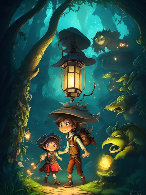 Een tekenfilm van een klein meisje en een jongen die in een bos lopen met een lantaarn en een lamp.