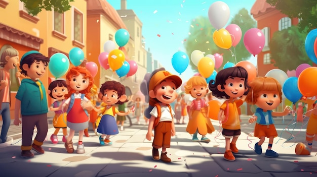 Een tekenfilm van kinderen op straat met ballonnen en het woord blij op de bodem