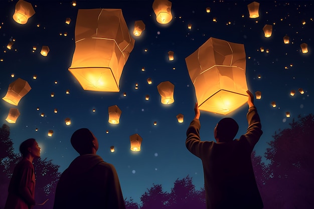 Een tekenfilm van twee mannen die lantaarns de lucht in laten gaan