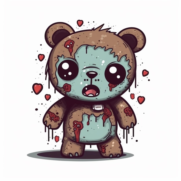 Een tekenfilmbeer met een bebloed gezicht en een hart op zijn borst.