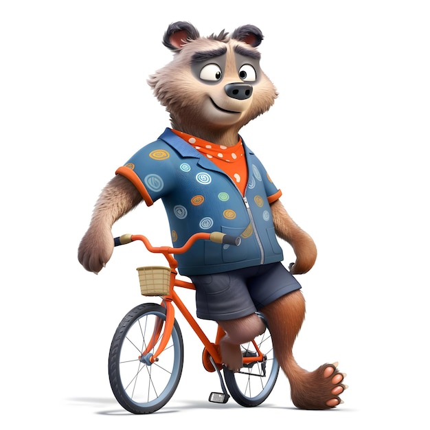 Een tekenfilmbeer op een fiets met een blauw shirt met de tekst 'beer erop'