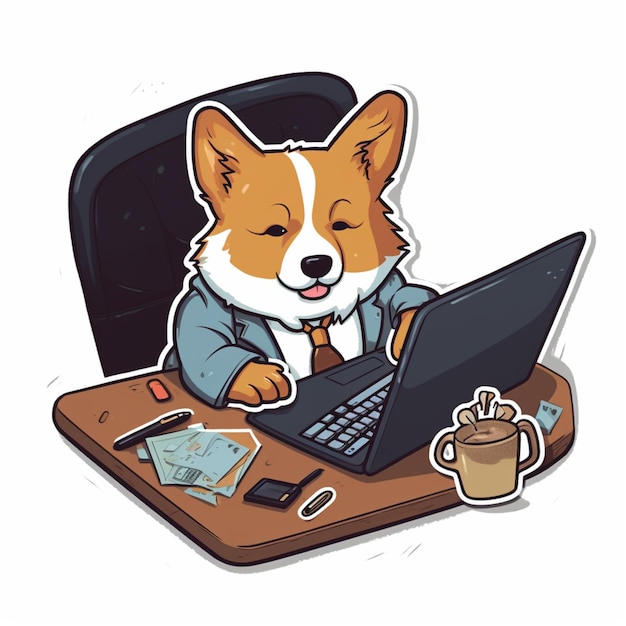 Een tekenfilmhond zit aan een bureau met een laptop en een kopje koffie erop.