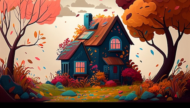 Een tekenfilmhuis met herfstbladeren op het dak