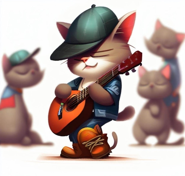 Een tekenfilmkat met een hoed en een gitaar