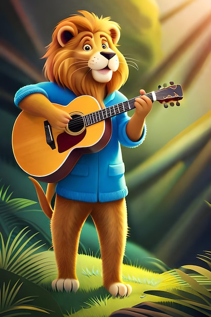 Een tekenfilmleeuw die gitaar speelt in de jungle.