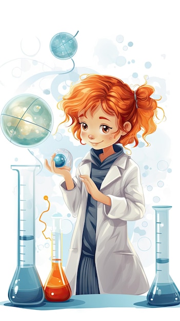 Een tekenfilmmeisje met een labjas houdt een beker vast om haar passie voor wetenschap te tonen