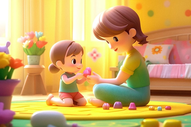 Een tekenfilmscène van een klein meisje en haar moeder die met speelgoed spelen.