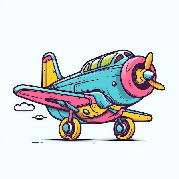 Een tekenfilmvliegtuig met een gele neus en een rode neus.