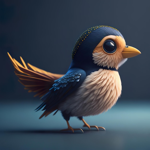Een tekenfilmvogel met een blauwe kop en gele veren op zijn kop.