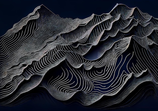 Een tekening van bergen met lijnen als bergen en de woorden "berg" op de bodem.