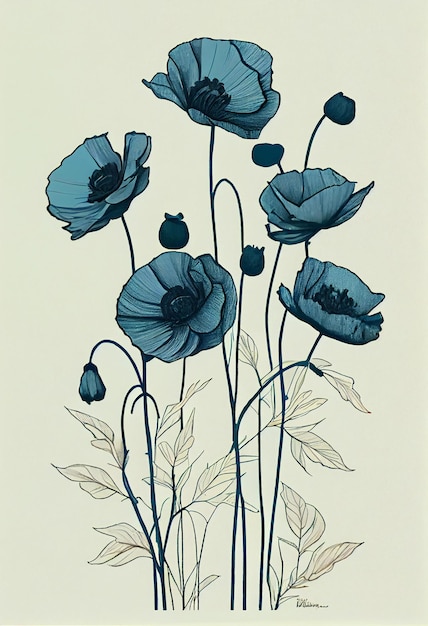 Een tekening van blauwe bloemen met de woorden klaprozen erop