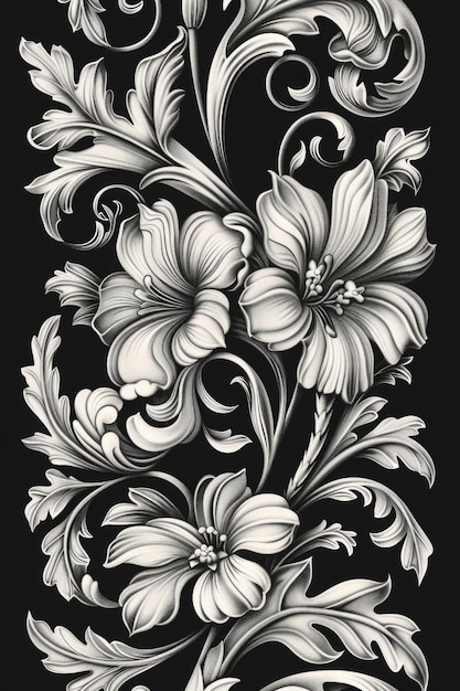 Foto een tekening van bloemen en bladeren op een donkere achtergrond geschikt voor verschillende ontwerpprojecten