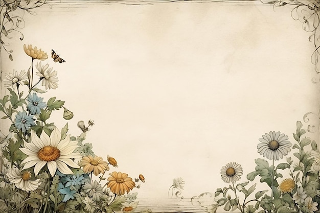 Foto een tekening van bloemen met vlinders aan de linkerkant