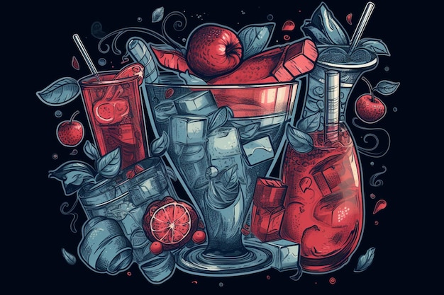 Een tekening van cocktails en ijsblokjes met een rode appel op de bodem.