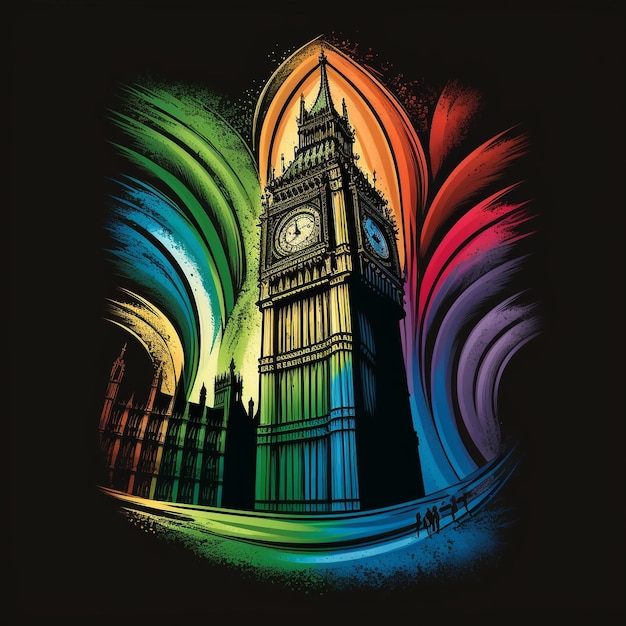 Een tekening van de Big Ben in Londen met een regenboogkleurige klok erop.