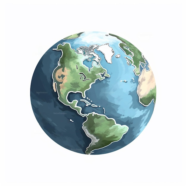 Een tekening van de planeet aarde met daarop Noord- en Zuid-Amerika.