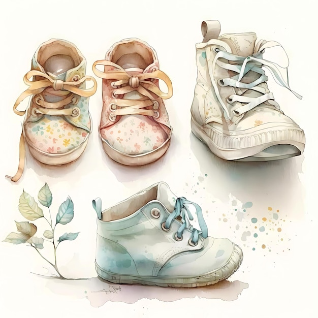 Een tekening van de schoenen van een babymeisje en een plant