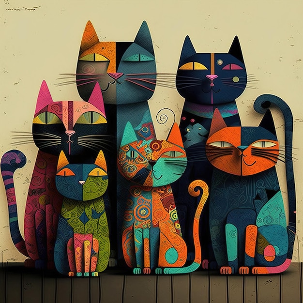 Een tekening van drie katten met een van hen heeft een gezicht dat "kat" zegt.