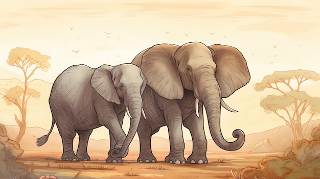 Een tekening van drie olifanten die door de woestijn lopen.