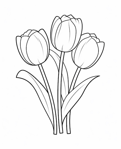 Foto een tekening van drie tulpen met bladeren op een witte achtergrond generatieve ai