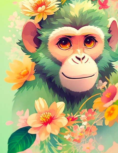 Een tekening van een aap met bloemen erop, gegenereerd door AI