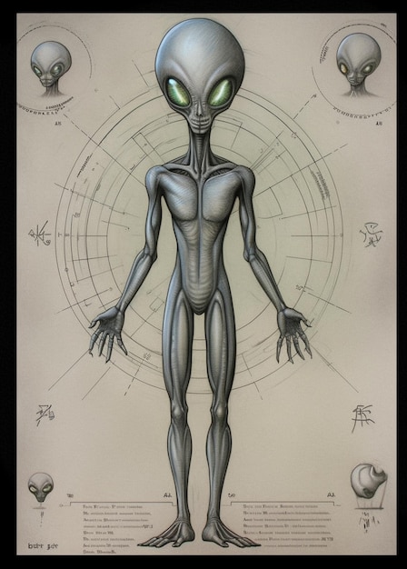 Een tekening van een alien met groene ogen en een witte achtergrond.