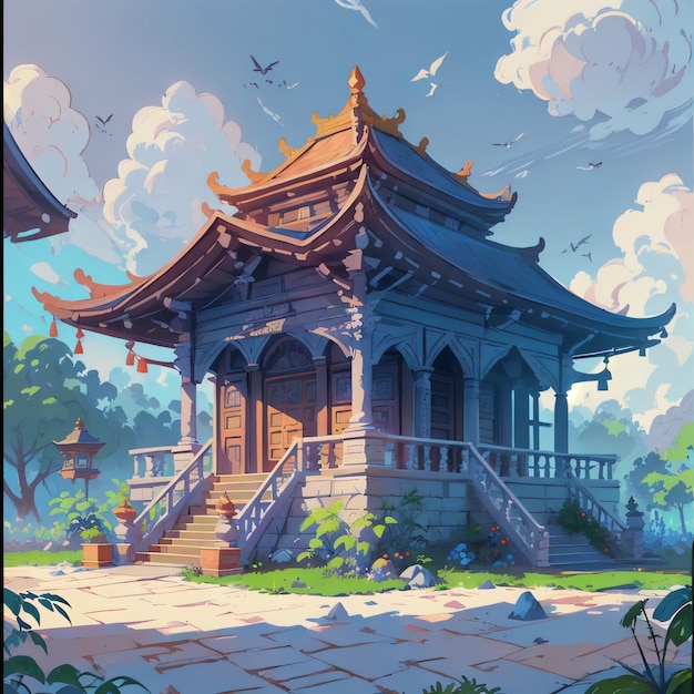 Een tekening van een Anime-tempel met een blauwe achtergrond