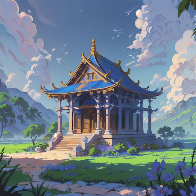 Een tekening van een Anime-tempel met een blauwe achtergrond