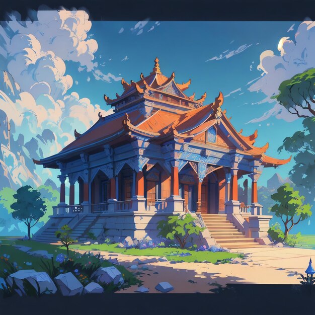 Een tekening van een Anime-tempel met een blauwe achtergrond