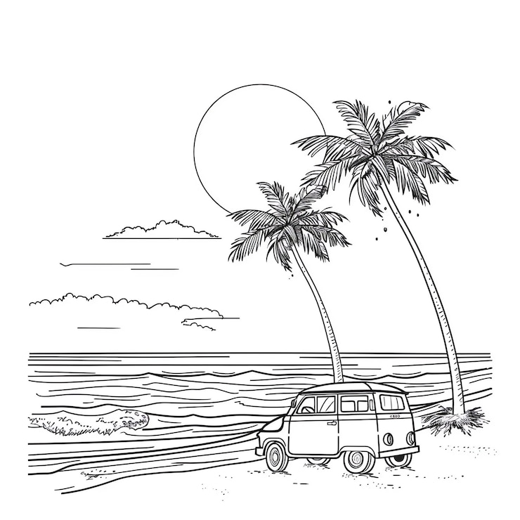 Foto een tekening van een auto met palmbomen op het strand