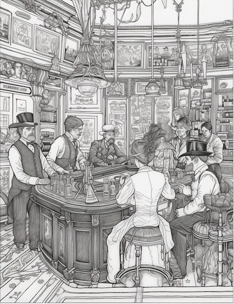 een tekening van een bar met een groep mensen die erbij zitten generatieve ai