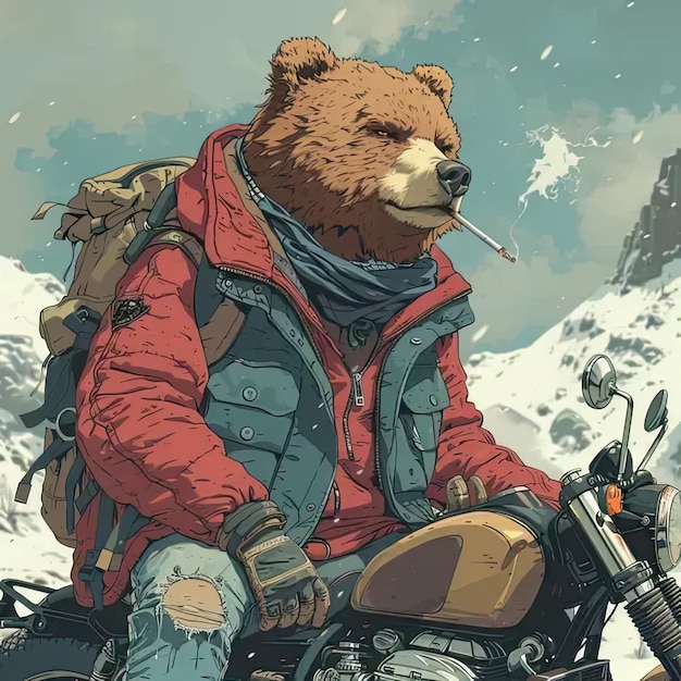 Een tekening van een beer die op een motorfiets zit