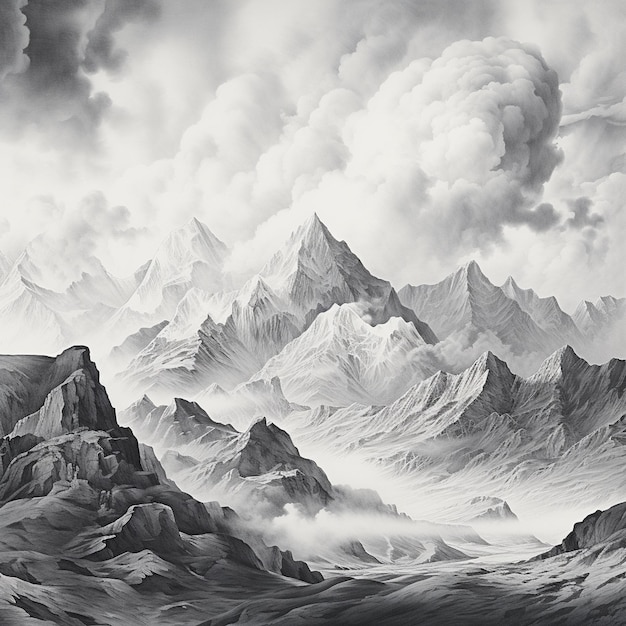 een tekening van een berg met een bewolkte hemel op de achtergrond.