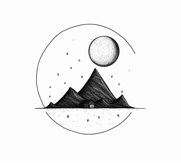 Foto een tekening van een berg met een huis en een maan generatieve ai