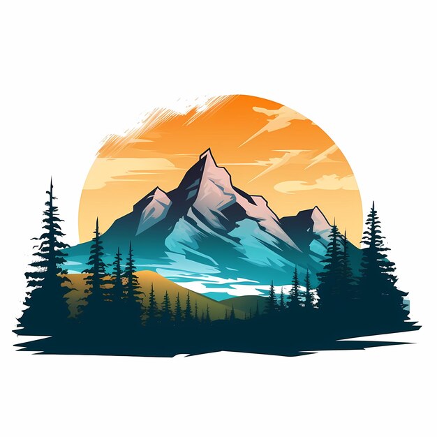 Foto een tekening van een berg met een zonsondergang en een berg met een zonsondergang op de achtergrond.