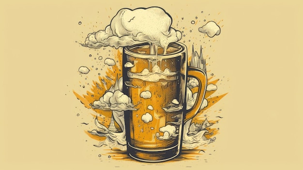 Een tekening van een bierpul met veel schuim erop.