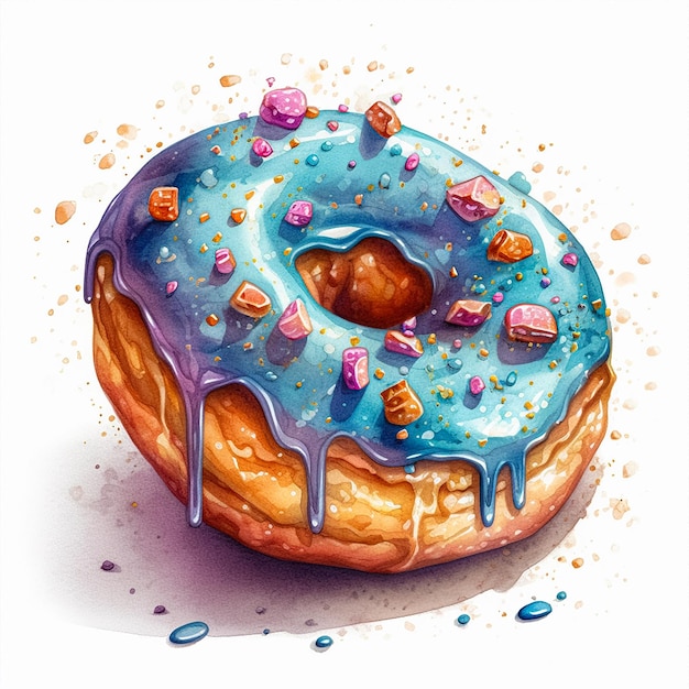 Een tekening van een blauwe donut met blauw glazuur en hagelslag