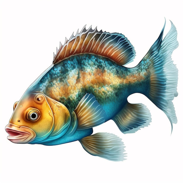 Een tekening van een blauwe vis met een gele en oranje staart.