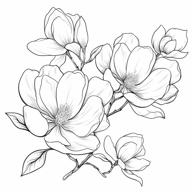 Foto een tekening van een bloem met bladeren en bloemen erop generatieve ai