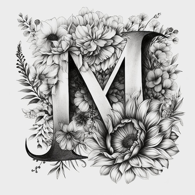 Een tekening van een bloem met de letter m in het midden.