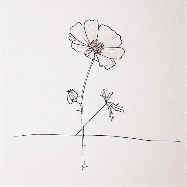 Een tekening van een bloem met een zwarte lijn erop getekend.