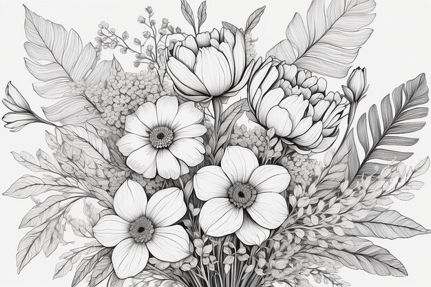 Een tekening van een bloemenarrangement met bladeren en bloemen generatieve ai
