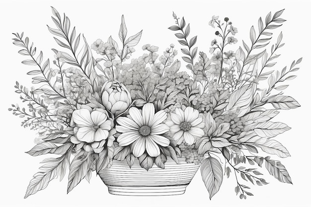 Een tekening van een bloemenarrangement met bladeren en bloemen generatieve ai