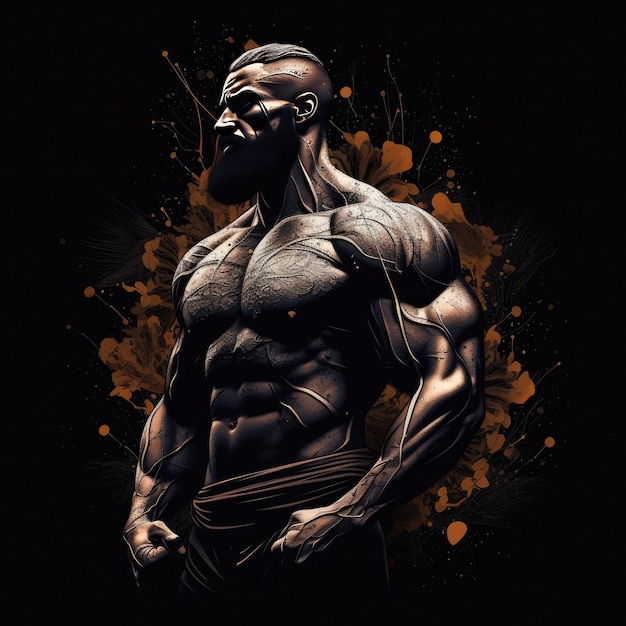 een tekening van een bodybuilder met een zwarte achtergrond