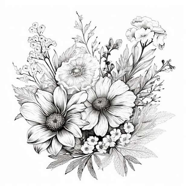 Foto een tekening van een boeket bloemen met bladeren en bloemen generatieve ai